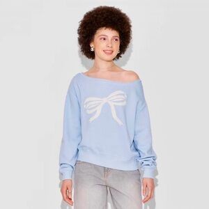 DOE Sky Blue Off-Shoulder Sweatshirt with Bow Accent